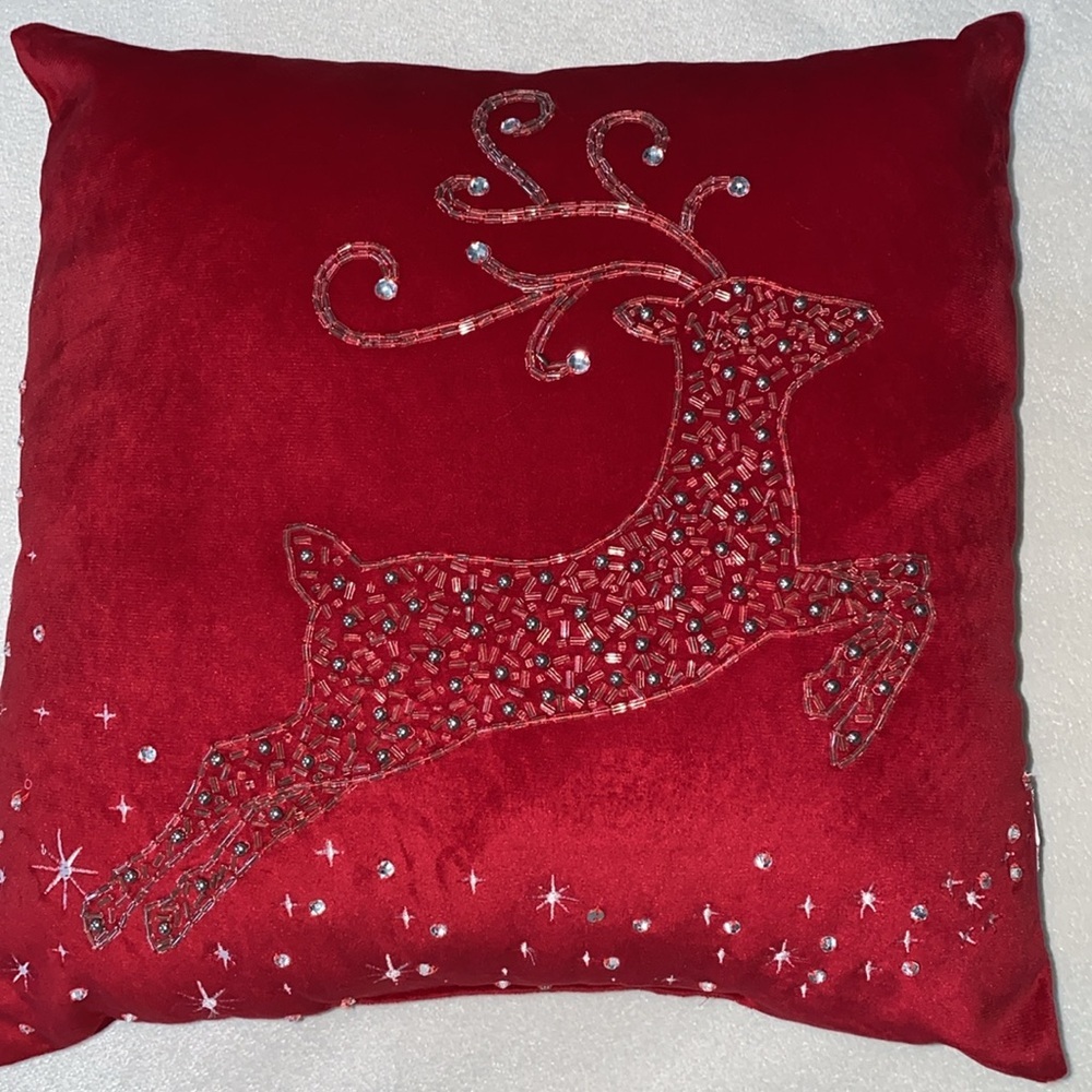 Red Velvet Beaded Christmas Bling Rhinestone Reindeer pillow 13 x13